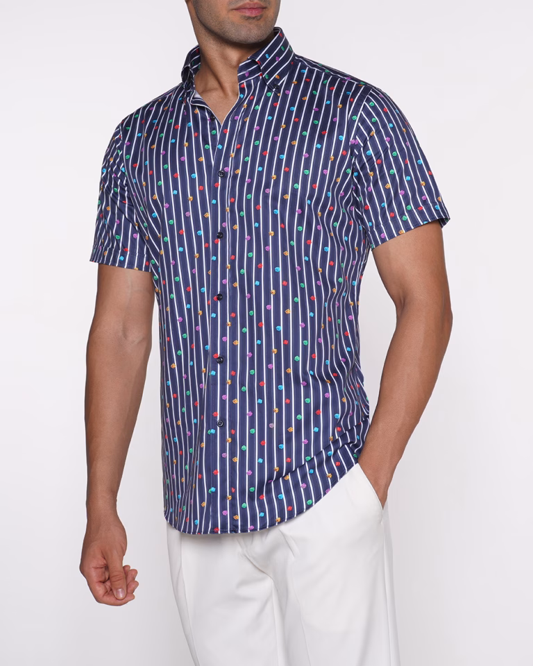 پیراهن PS22 یقه دکمه دار راه راه سورمهای سفید طرح تاس